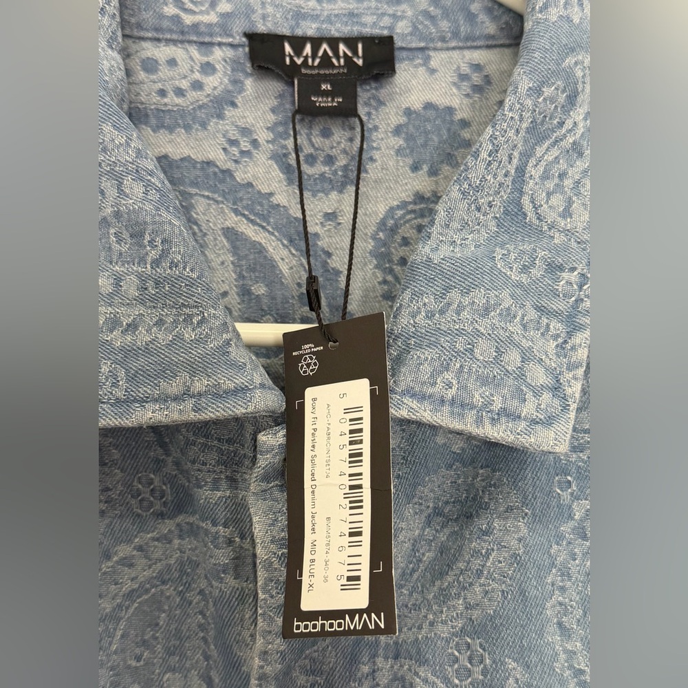 BoohooMan- Boxy Fit Paisley Spliced Denim Jacket MID BLUE-XL - Picture 4 of 9